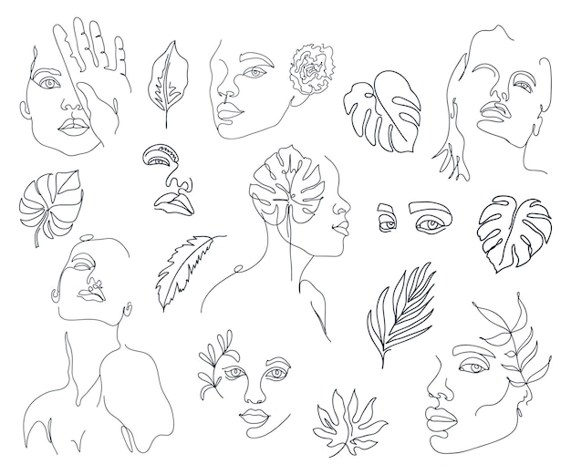 Conjunto de caras de mujer de una línea abstracta de moda con hojas de monstera