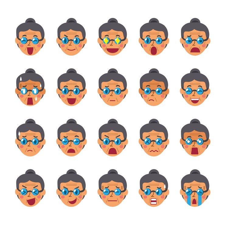 Vector conjunto de caras de una mujer mayor mostrando diferentes emociones.