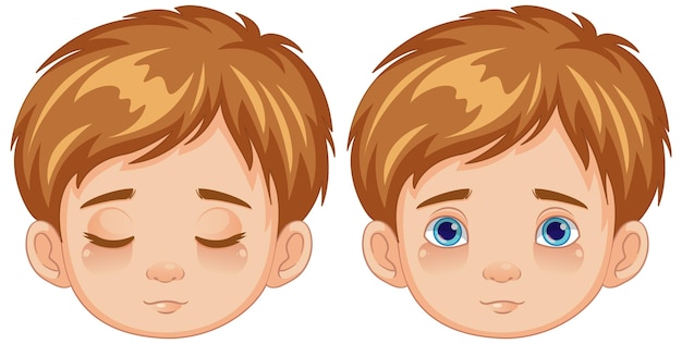 Vector conjunto de caras de niño de dibujos animados con ojos abiertos y cerrados