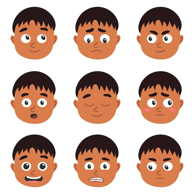 Conjunto de caras de niños afroamericanos Colección de emociones de bebé con piel negra Avatar de la cabeza del niño