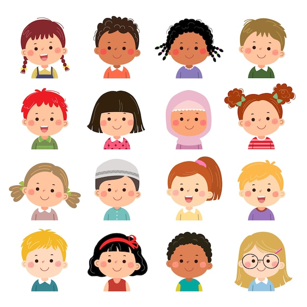 Conjunto de caras de niños, avatares, cabezas de niños de diferentes nacionalidades en estilo plano.