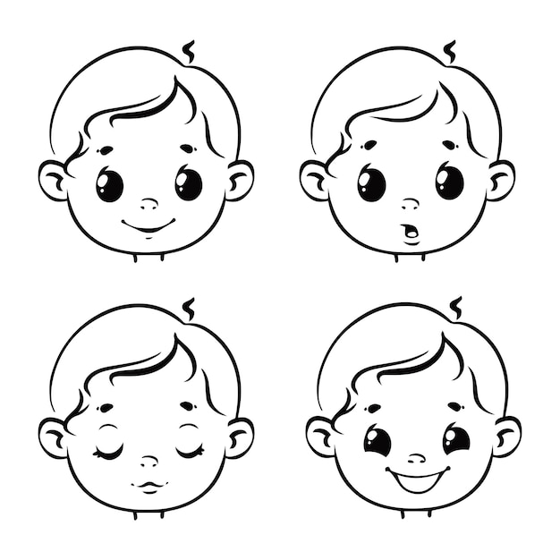 Un conjunto de caras de niños con diferentes emociones ilustración de vector de línea negra de personaje de niño