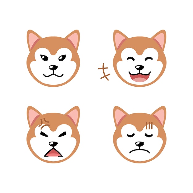 Vector conjunto de caras de perros akita inu con diferentes emociones