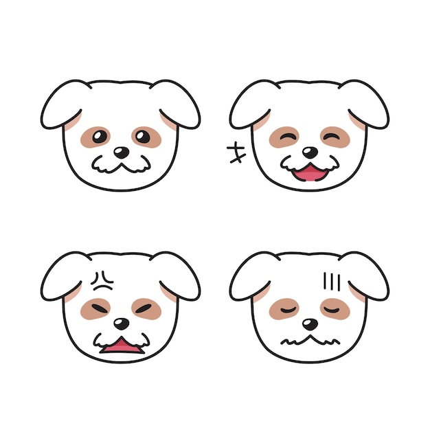 Conjunto de caras de perros blancos que muestran diferentes emociones.
