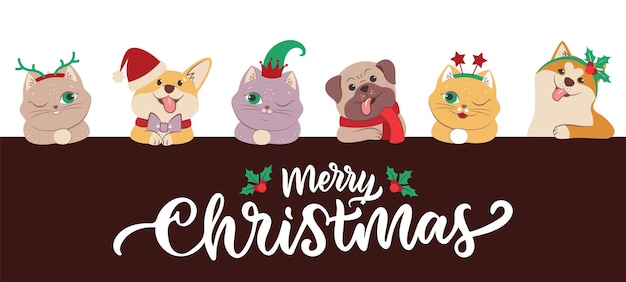 El conjunto de caras de perros y gatos para Feliz Navidad. La imagen de colección de animales de invierno con cita. El gatito y el cachorro en el elfo, estrellas, sombrero, cuernos. Ilustración vectorial