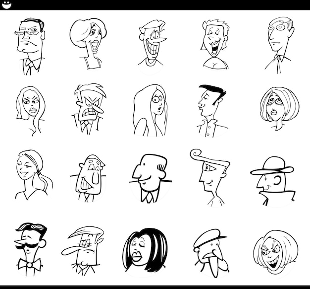 Vector conjunto de caras de personajes de dibujos animados personas