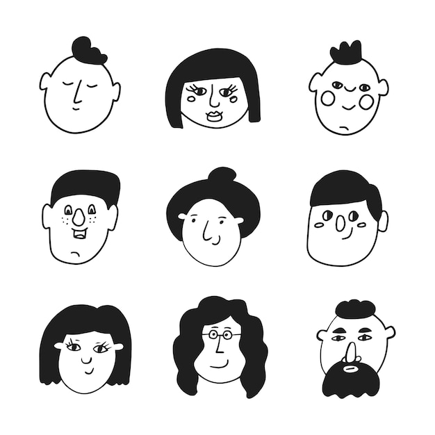 Conjunto de caras de personajes en la ilustración de vector de estilo doodle