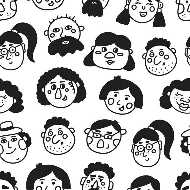 Conjunto de caras de personajes en patrón sin costuras de vector de estilo doodle sobre fondo blanco