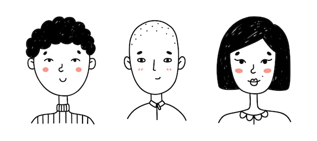 Conjunto de caras de personas lindas en estilo garabato retratos de niñas y niños felices aislados en blanco