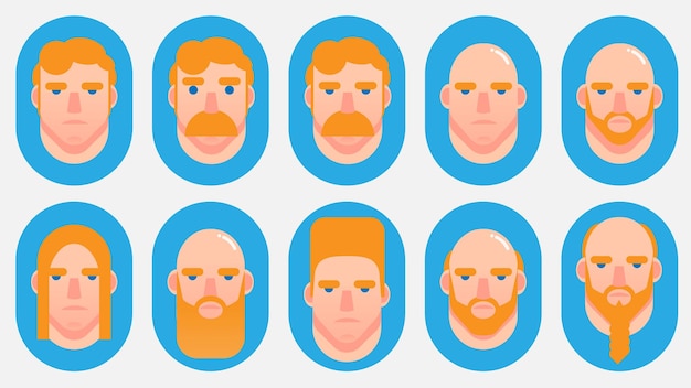 Conjunto de caras planas de dibujos animados de un hombre rubio con varios cortes de pelo