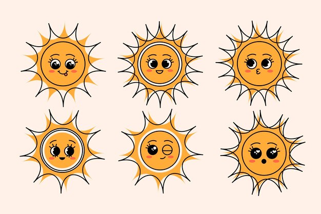Conjunto de caras de sol retro bonitas caricaturas felices personajes de sol fresco una colección de caras del sol sonrientes