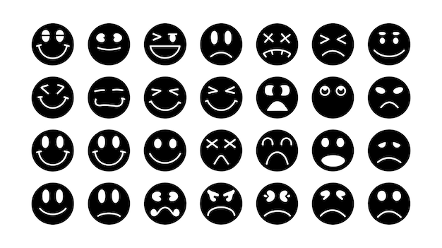 Conjunto de caras sonrientes y emoticones que expresan varias emociones