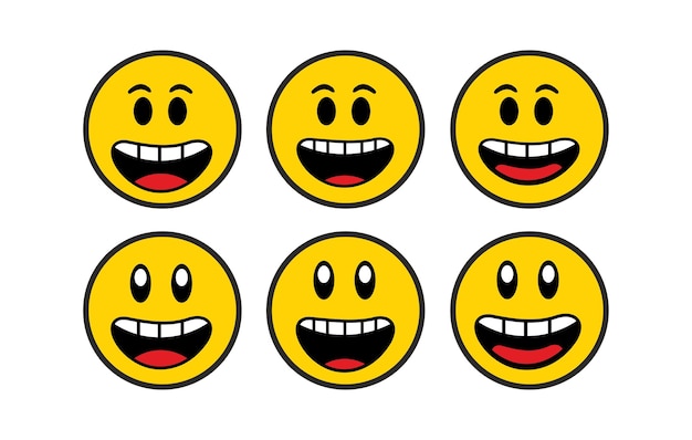 Un conjunto de caras sonrientes con una que dice feliz Emoticones de sonrisa planas y lindas a la moda