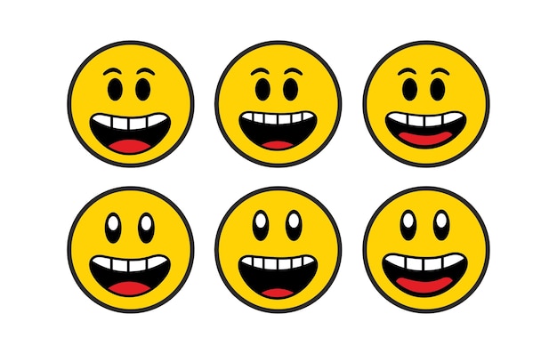 Vector un conjunto de caras sonrientes con una que dice feliz emoticones de sonrisa planas y lindas a la moda