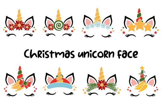 Conjunto de caras de unicornio de Navidad Colección de lindos unicornios Diseño de estilo plano Vector lindo unicornio