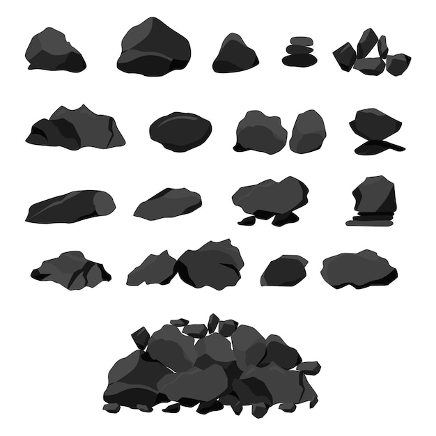 conjunto, de, carbón duro, piedras negras, en, plano, estilo, roca, grafito, carbón, vector, ilustración