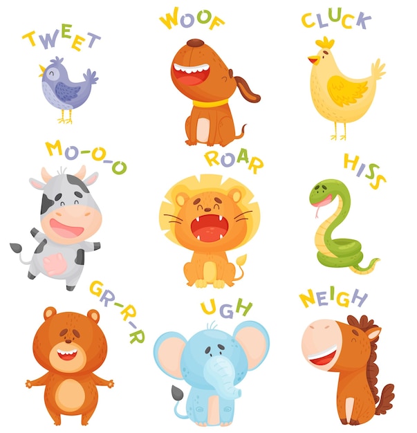 Conjunto, de, caricatura, animales, hablar, pájaro, perro, kurtsi, león, vaca, oso, elefante, serpiente, caballo, vector, ilustración, en, un, fondo blanco
