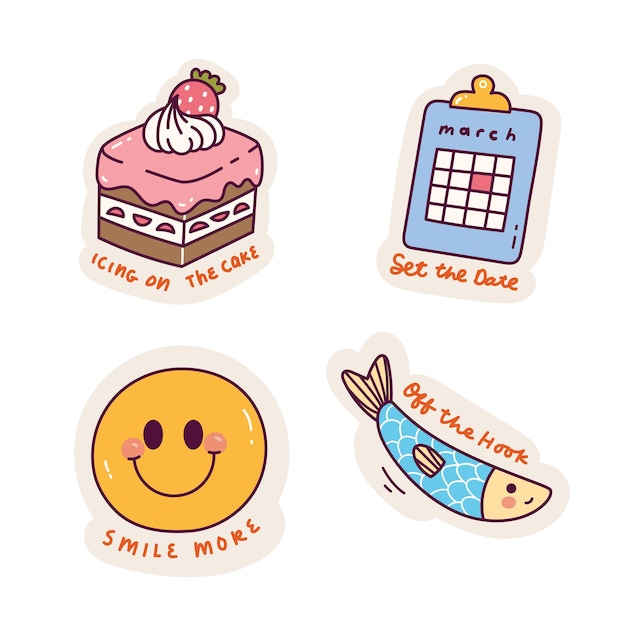 conjunto, de, caricatura, kawaii, pegatina, garabato