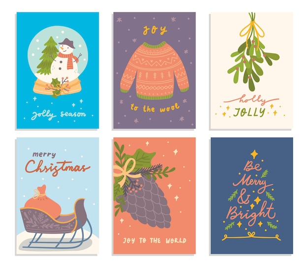 Conjunto, de, caricatura, navidad, tarjetas de felicitación, diseño, vector, ilustración