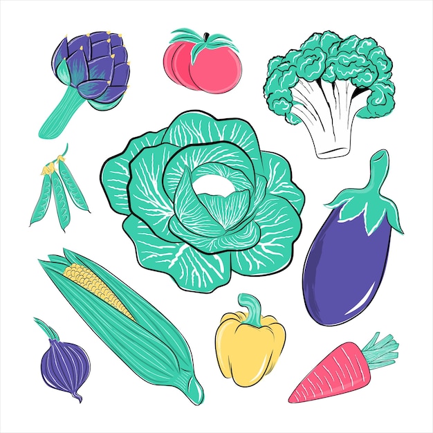 conjunto, de, caricatura, plano, vegetales