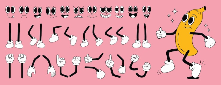 Vector conjunto de caricaturas de los años 70 con caras vectoriales colección de caras de personajes de dibujos animados con caras de piernas