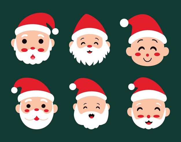 Conjunto de caricaturas de cabezas de Santa Claus en estilo plano aislado fondo verde concepto de Navidad