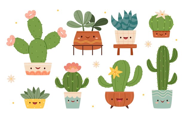 Vector conjunto de caricaturas de cactus y suculentas con caras divertidas en ollas y con plantas