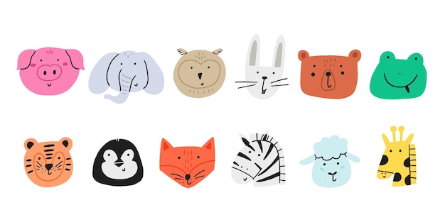 Conjunto de caricaturas de caras de animales lindos
