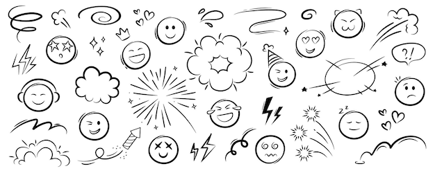 Conjunto de caricaturas de emoji con icono vectorial de dibujos animados Conjun to de elementos de línea de movimiento de efecto de dibujus animados