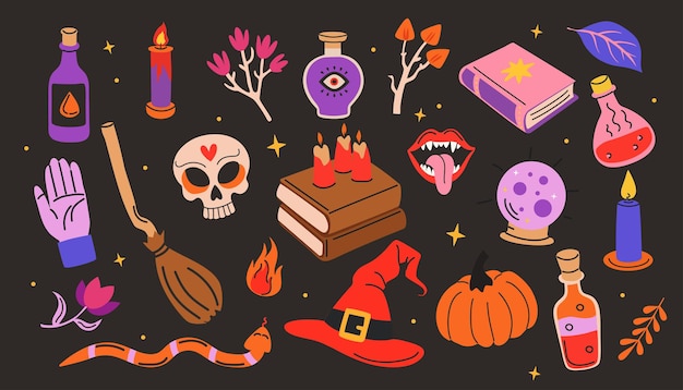 Conjunto de caricaturas de pegatinas de magia y brujería Diseño mágico Set de Halloween Ilustración vectorial