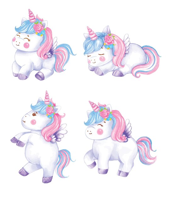 Vector un conjunto de caricaturas de unicornios acuarelados