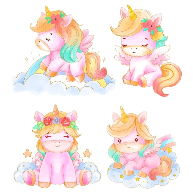 Vector un conjunto de caricaturas de unicornios acuarelados