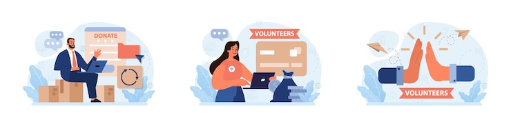 Vector conjunto de caridad la comunidad de voluntarios se ocupa de las personas necesitadas idea de cuidado