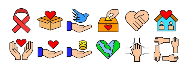 Conjunto de caridad icono caja de donación de cinta paloma de paz manos sosteniendo casa de corazón con monedas de corazón corazón de la tierra trabajo en equipo apoyo concepto de caridad y bondad