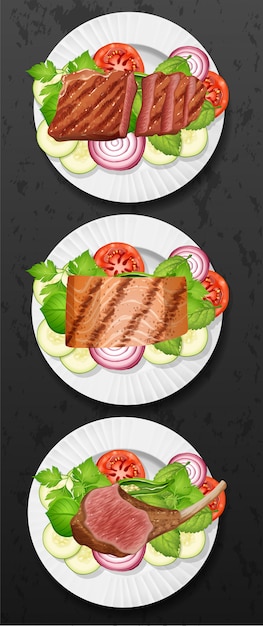 Vector un conjunto de carne y ensalada