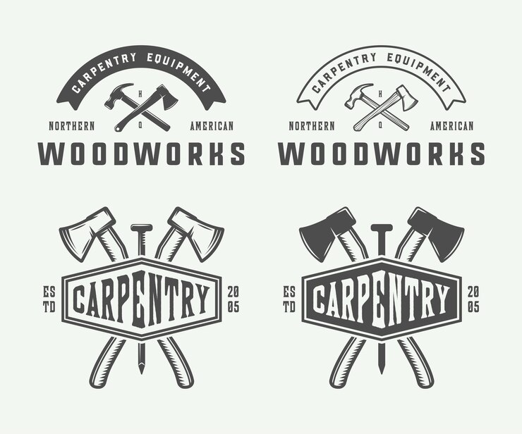 Vector conjunto de carpintería de carpintería vintage y etiquetas mecánicas insignias emblemas y logotipo ilustración vectorial