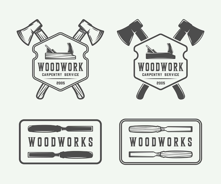 Vector conjunto de carpintería vintage carpintería y etiquetas mecánicas insignias emblemas y logotipo