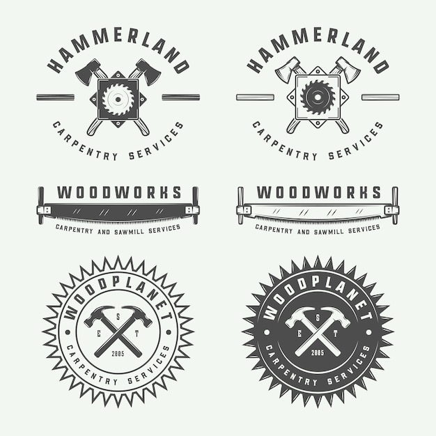 Conjunto de carpintería vintage, carpintería y etiquetas mecánicas, insignias, emblemas y logotipos. Ilustración vectorial. Arte gráfico monocromático.