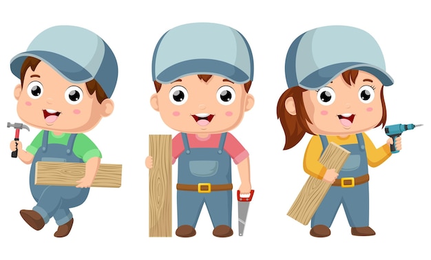 Vector conjunto, de, carpintero, niños, caricatura