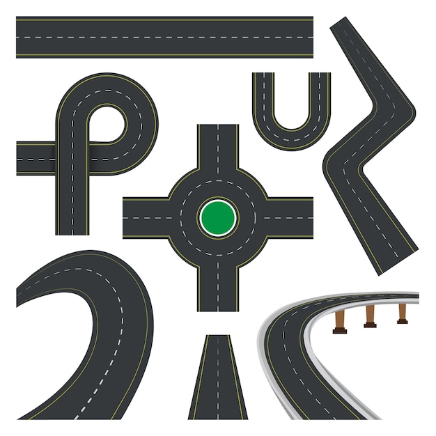 Conjunto de carreteras, Conjunto de elementos de calles y carreteras, Carretera de autopista curva, Elementos vectoriales de carretera de vista superior,