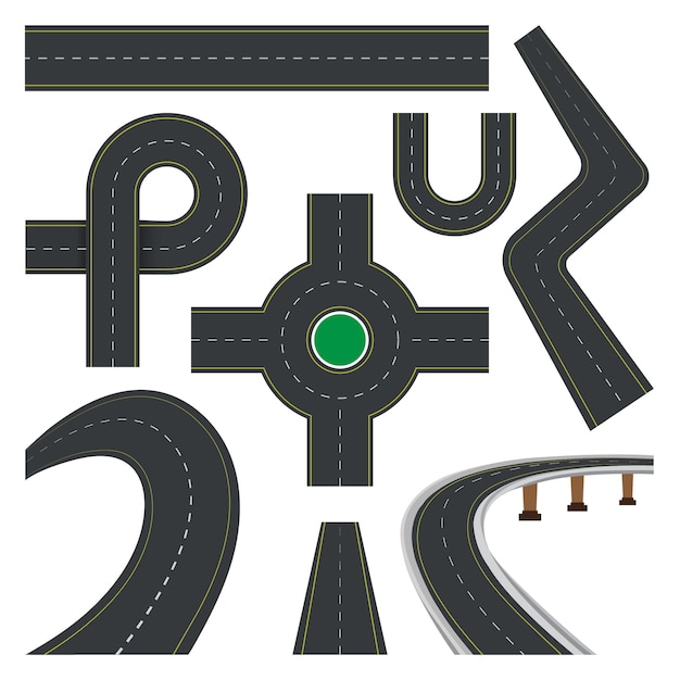 Vector conjunto de carreteras, conjunto de elementos de calles y carreteras, carretera de autopista curva, elementos vectoriales de carretera de vista superior,