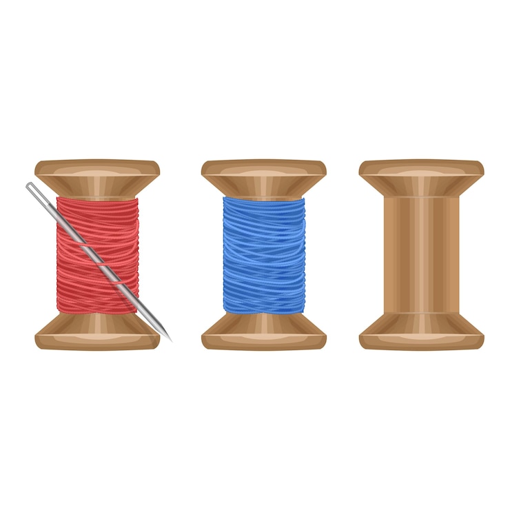 Vector conjunto de carretes con aguja e hilos rojos y azules, ilustración vectorial aislado sobre fondo blanco.