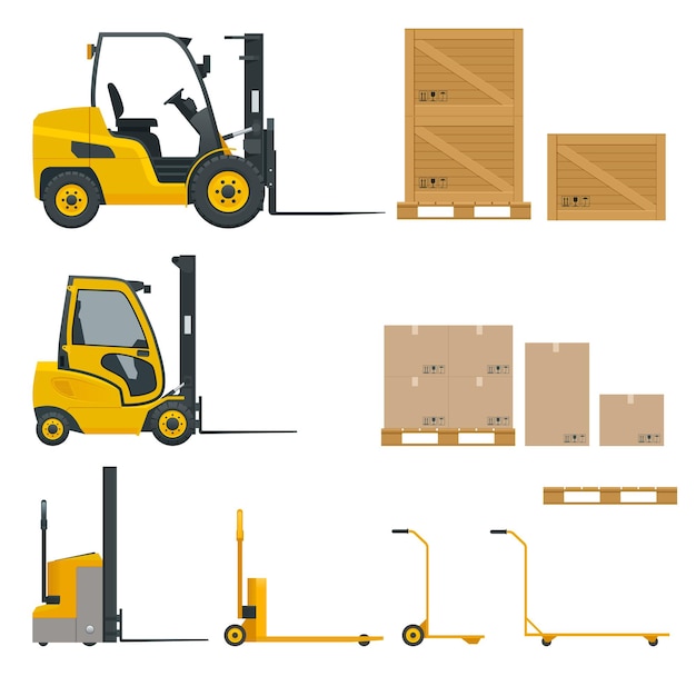 Conjunto de carretillas elevadoras naranjas en varias combinaciones, estantes de almacenamiento, paletas con productos para infografías. Ilustración vectorial aislada sobre fondo blanco. Conjunto de iconos de equipos de almacenamiento. Vista lateral.