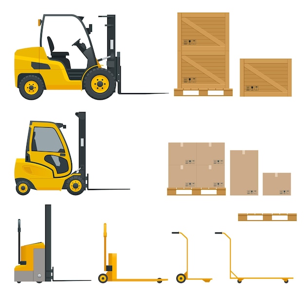 Conjunto de carretillas elevadoras naranjas en varias combinaciones, estantes de almacenamiento, paletas con productos para infografías. ilustración vectorial aislada sobre fondo blanco. conjunto de iconos de equipos de almacenamiento. vista lateral.