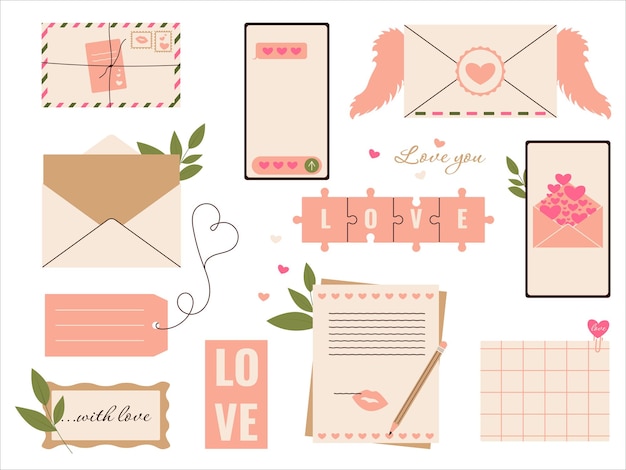 Conjunto de cartas de amor Correo de papel y mensaje telefónico Ilustración vectorial plana