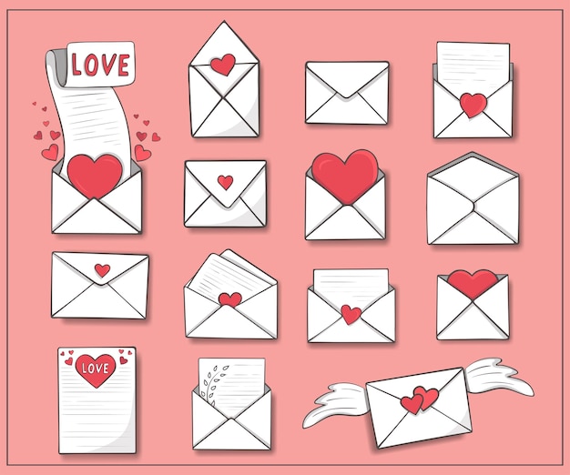 Conjunto de cartas de amor dibujadas a mano en sobres Doodle mensajes de correo de amor con formas de corazón cerraduras íconos para la decoración de pegatinas del Día de San Valentín
