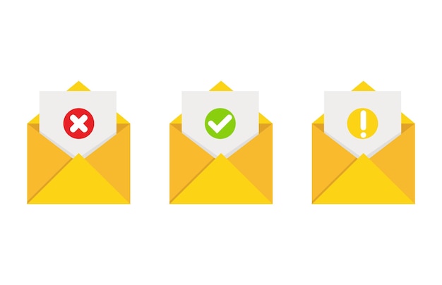 Conjunto de cartas de sobre de correo con sombra Mensaje de advertencia rechazado aprobado Ilustración vectorial