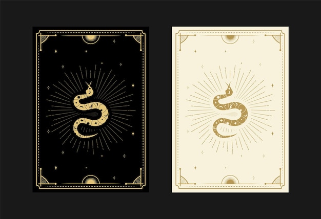 conjunto de cartas de tarot místicas símbolos de Doodle alquímicos grabado de estrellas rayos serpientes y cristales