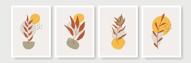 Conjunto de cartel en estilo boho minimalista con hoja tropical. Decoración de pared abstracta moderna con dibujo de arte de línea de follaje