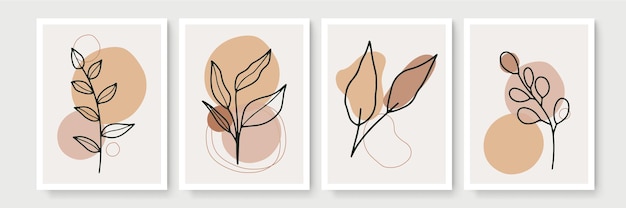 Conjunto de cartel en estilo boho minimalista con hoja tropical. Decoración de pared abstracta moderna con dibujo de arte de línea de follaje